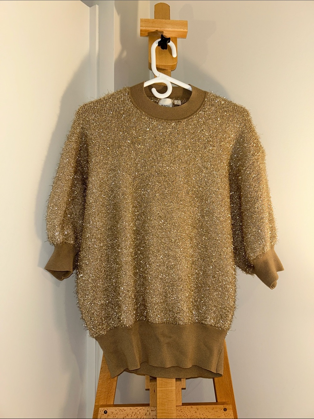 Maeve Violetta Gold Tinsel Short-Sleeve Crewneck Sweater
